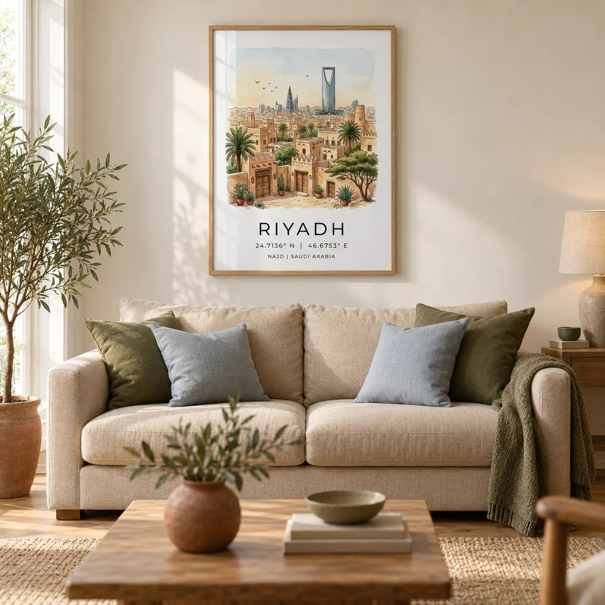 Riyadh Cityscape Wall Art, framed on the wall of a warm contemporary living room in a UK terraced home with ivory plaster walls and an oak floor