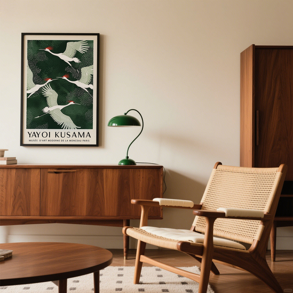 Japandi wall art of red-crowned cranes in white and green above a wooden sideboard with a green lamp