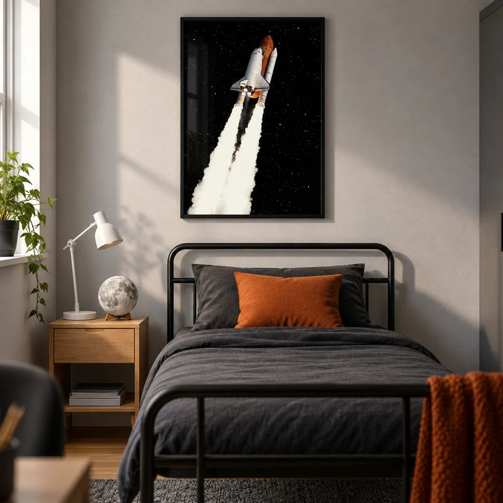 Rocket Launch Wall Art, framed on the wall of a contemporary teen bedroom for a space enthusiast (13-17) in a UK family home