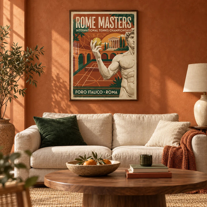 Rome Tennis Championship Poster, framed on the wall of a warm Italian-modern living room with a terracotta limewashed wall