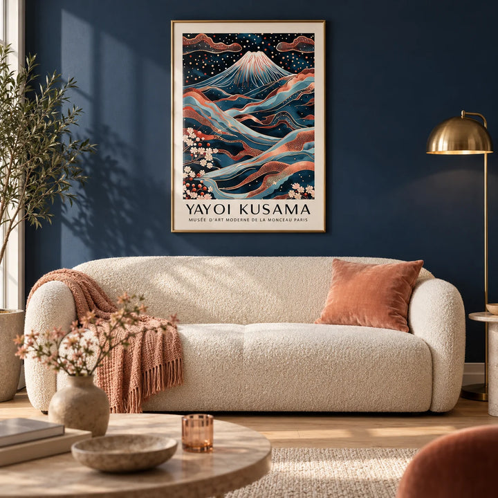 Rose Gold Wall Art, framed on the wall of an elegant living room with a deep navy painted wall and a pale oak floor