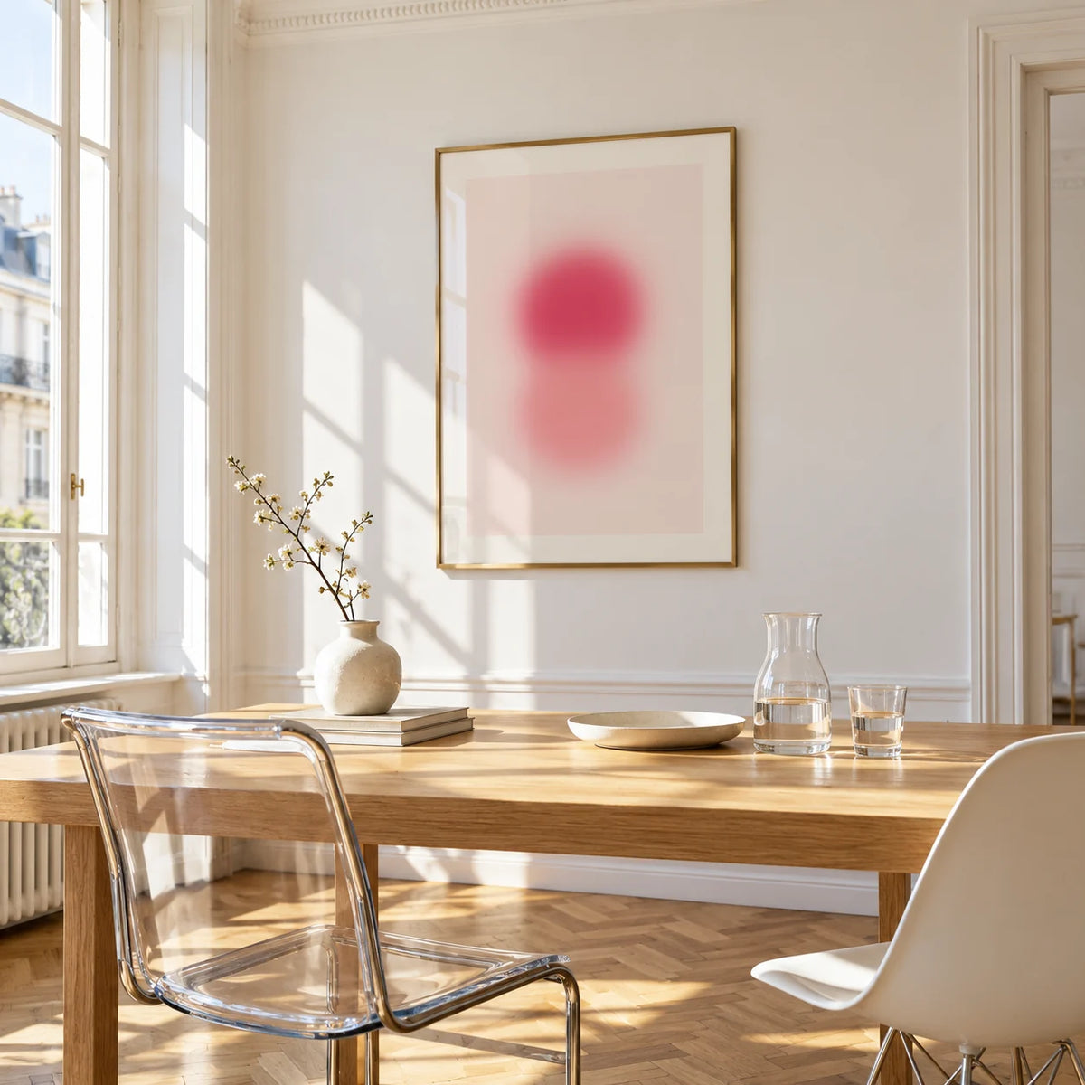 Rose Pink Wall Art, framed on the wall of a bright dining corner