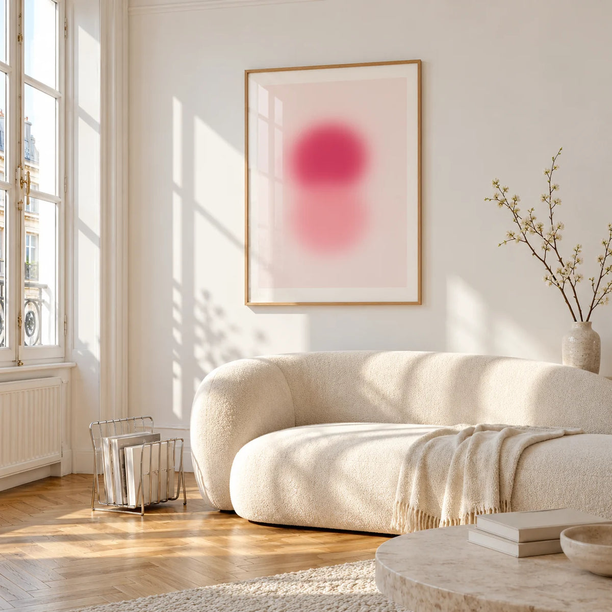 Rose Pink Wall Art, framed on the wall of a bright living room corner