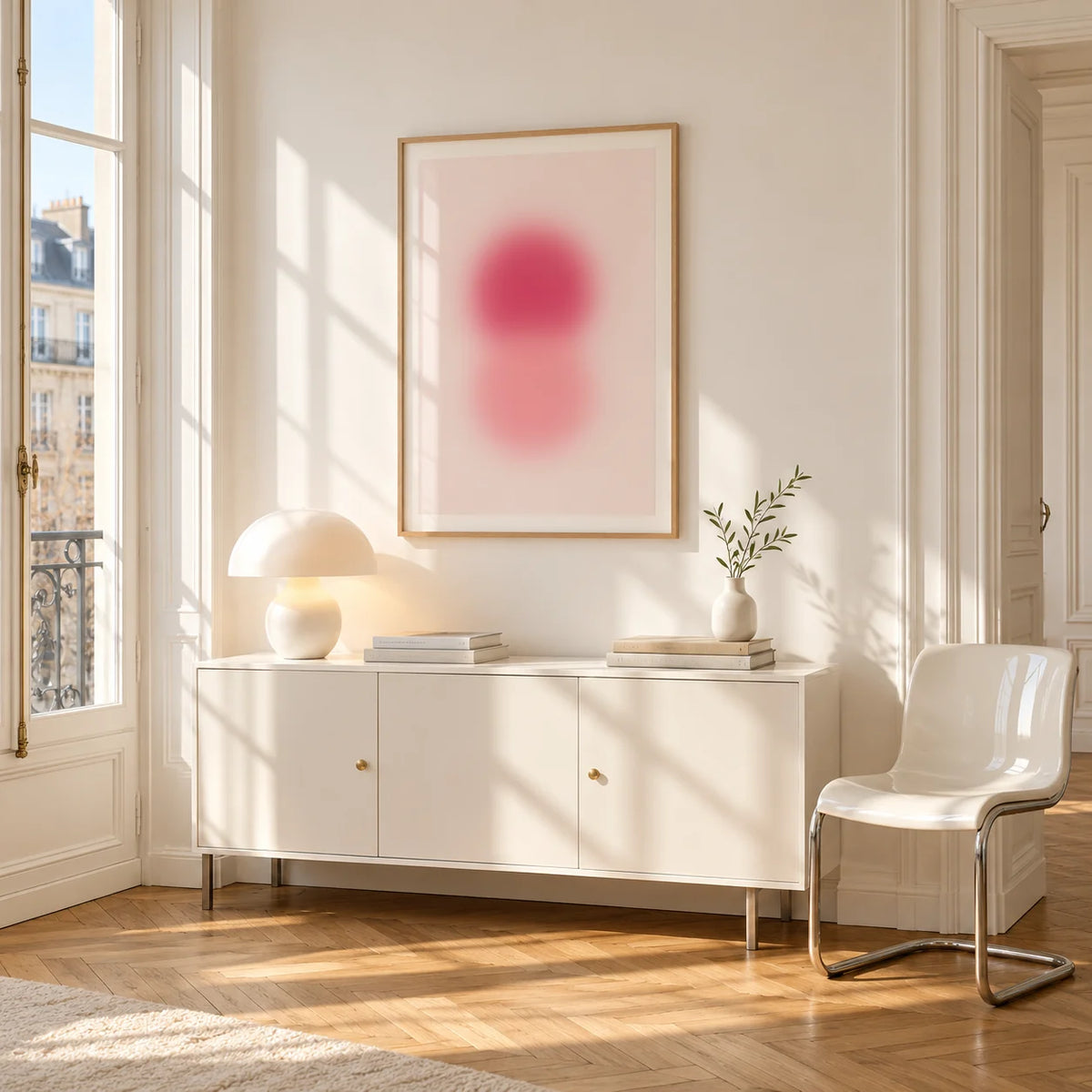 Rose Pink Wall Art, framed on the wall of a bright Paris style apartment in a living room