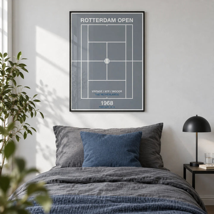 Rotterdam Open Poster, framed on the wall of a calm single bedroom for a young adult (18-25) with a white wall