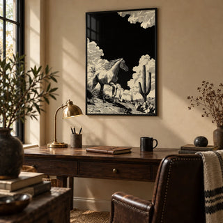 Running Horse Wall Art, framed on the wall of a characterful study with a sand coloured wall