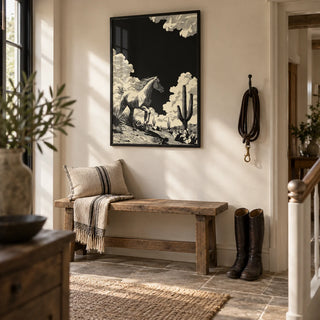 Running Horse Wall Art, framed on the wall of a country house hallway with a cream wall and old stone flags