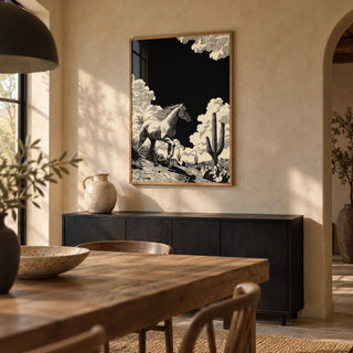 Running Horse Wall Art, framed on the wall of a desert-modern dining room with limewashed sand walls