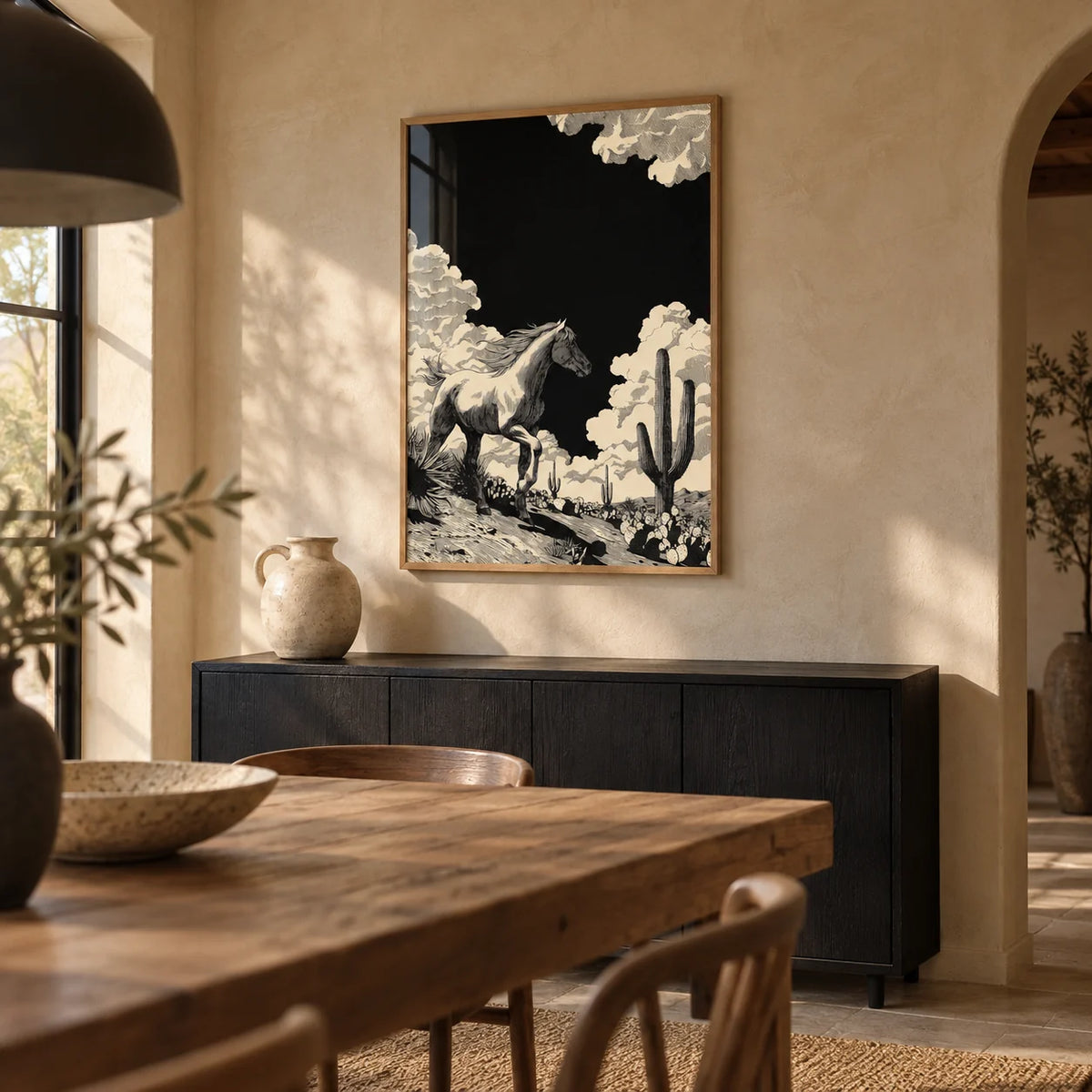 Running Horse Wall Art, framed on the wall of a desert-modern dining room with limewashed sand walls