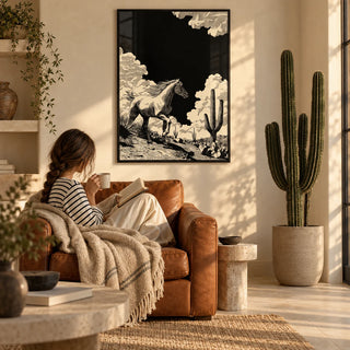Running Horse Wall Art, framed on the wall of a desert-modern living room with warm cream plaster walls and a pale stone floor