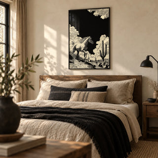 Running Horse Wall Art, framed on the wall of a modern ranch-style bedroom with a cream plaster wall