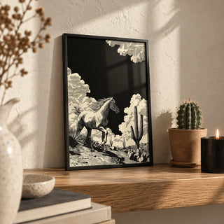Running Horse Wall Art, a small A4 framed print leaning on an oak shelf in a living room