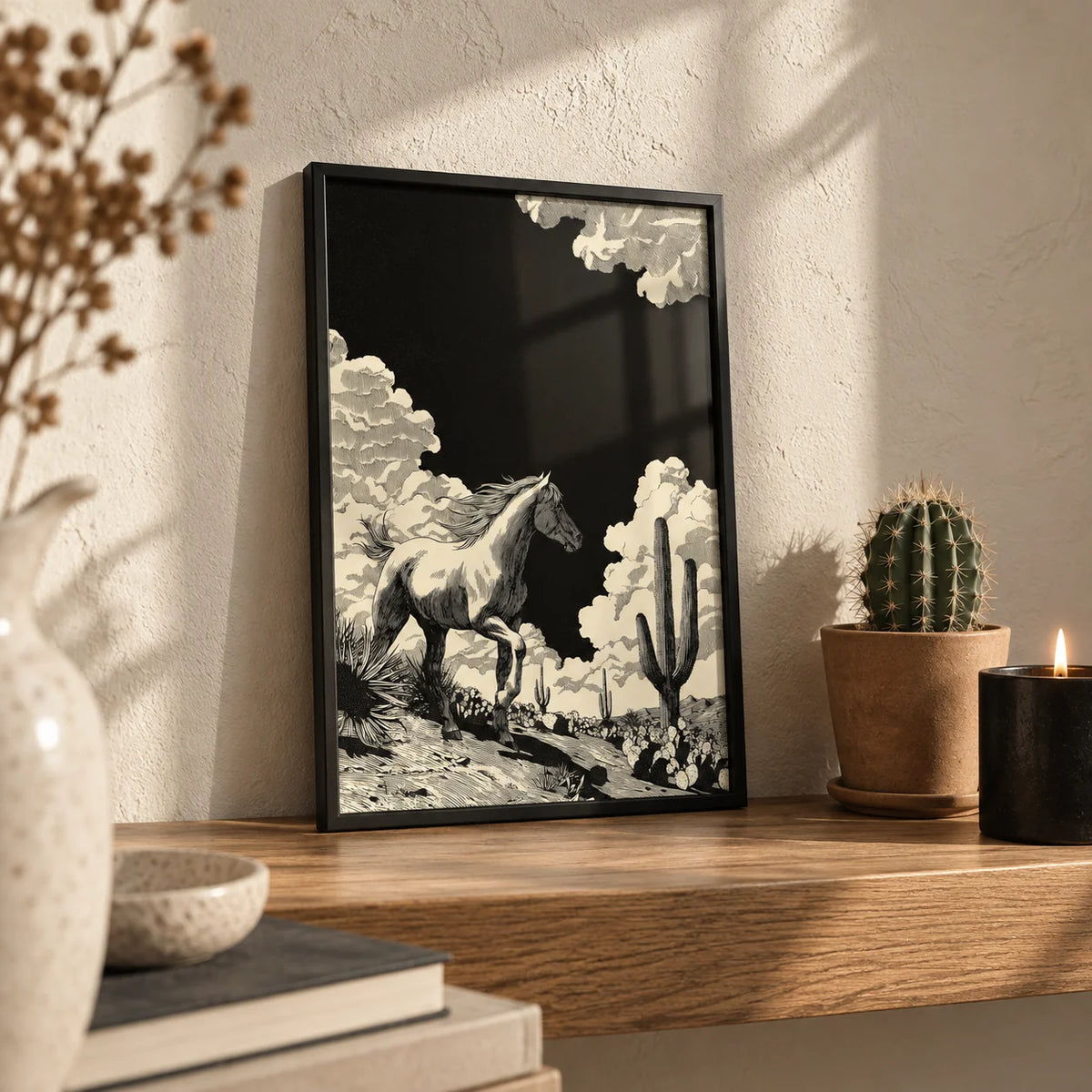 Running Horse Wall Art, a small A4 framed print leaning on an oak shelf in a living room