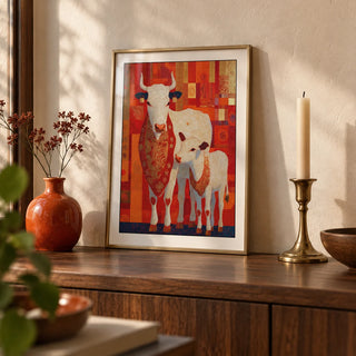 Sacred Cow Wall Art, a small A4 framed print leaning on a walnut side table in a hallway