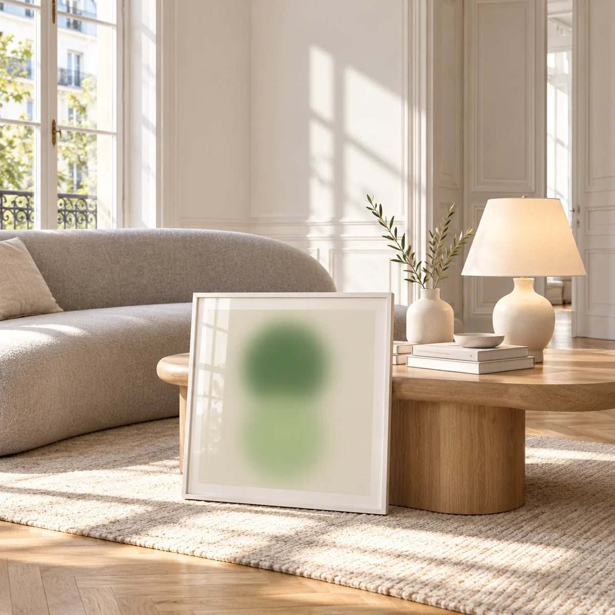 Sage and Olive Print, framed and leaning against a coffee table in a bright living room