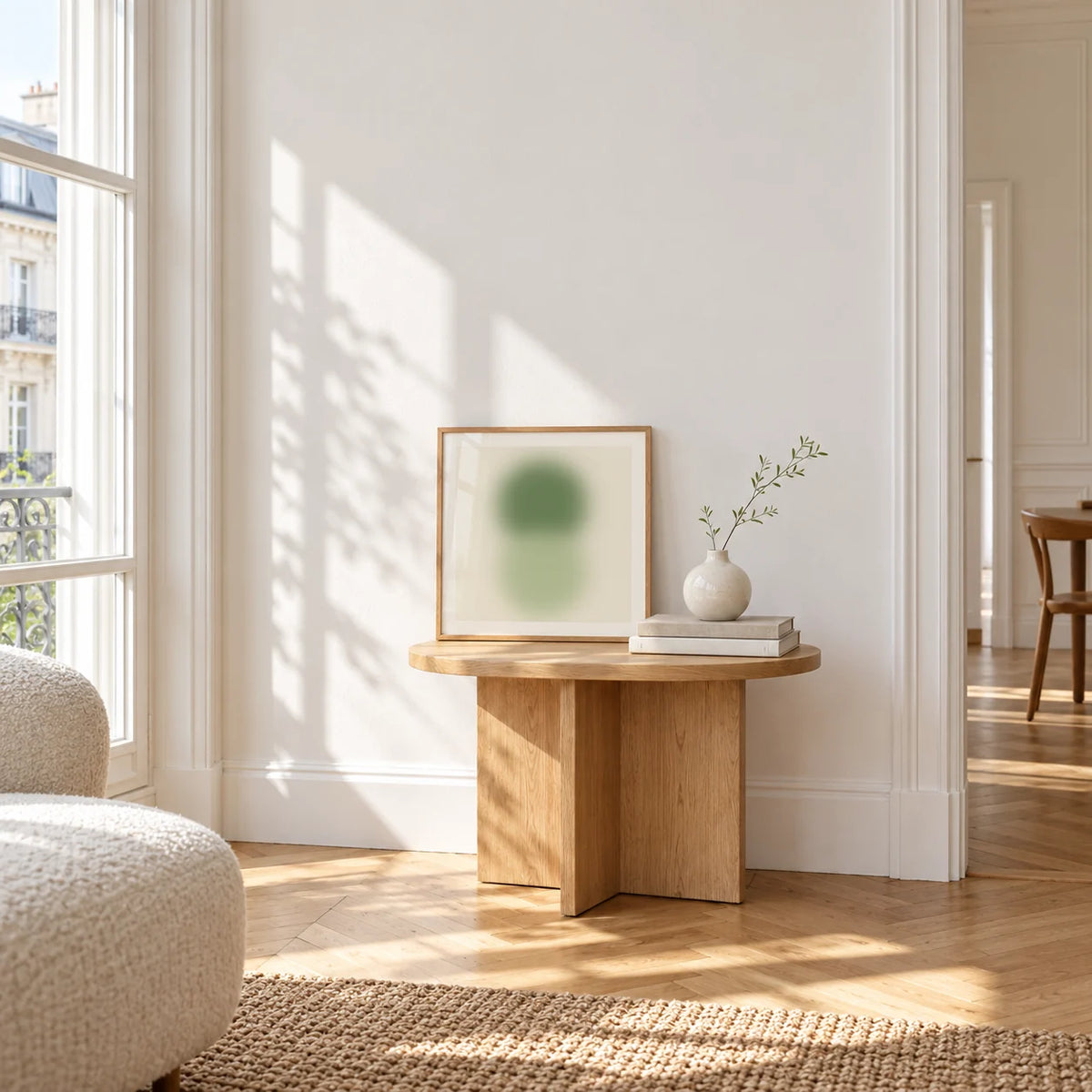 Sage and Olive Print, a small square framed print leaning on a small solid oak side table