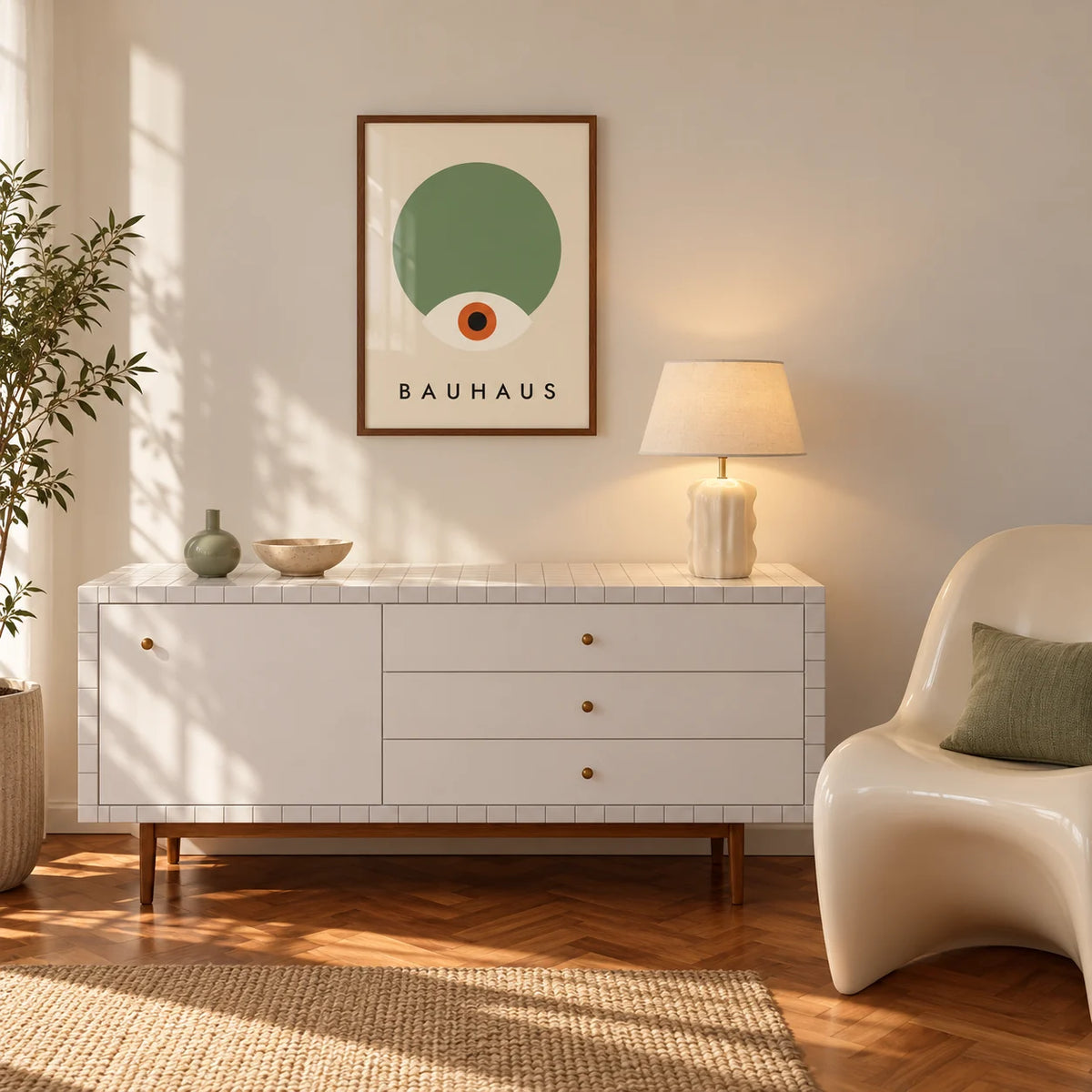 Sage Green Wall Decor, framed on the wall of a bright hallway with a white sideboard and a cream chair
