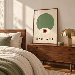 Sage Green Wall Decor, framed on the wall of a calm bedroom with a walnut chest of drawers