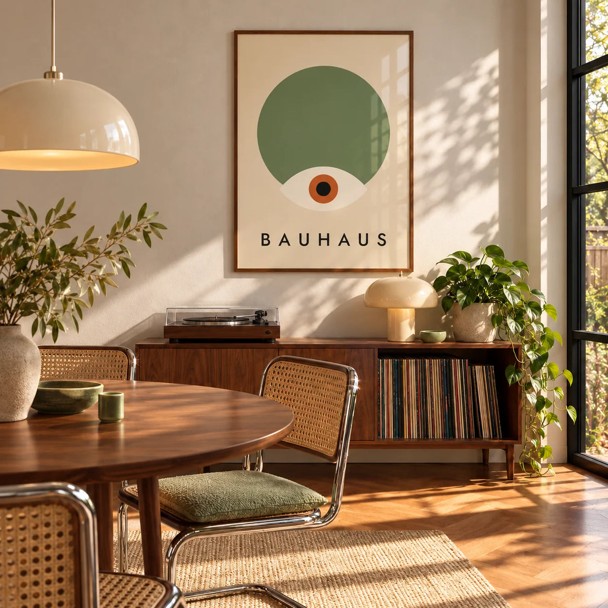 Sage Green Wall Decor, framed on the wall of a mid-century dining room with a walnut sideboard and cane chairs