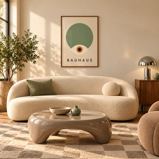 Sage Green Wall Decor, framed on the wall of a warm mid-century living room with a curved boucle sofa and a glossy coffee table