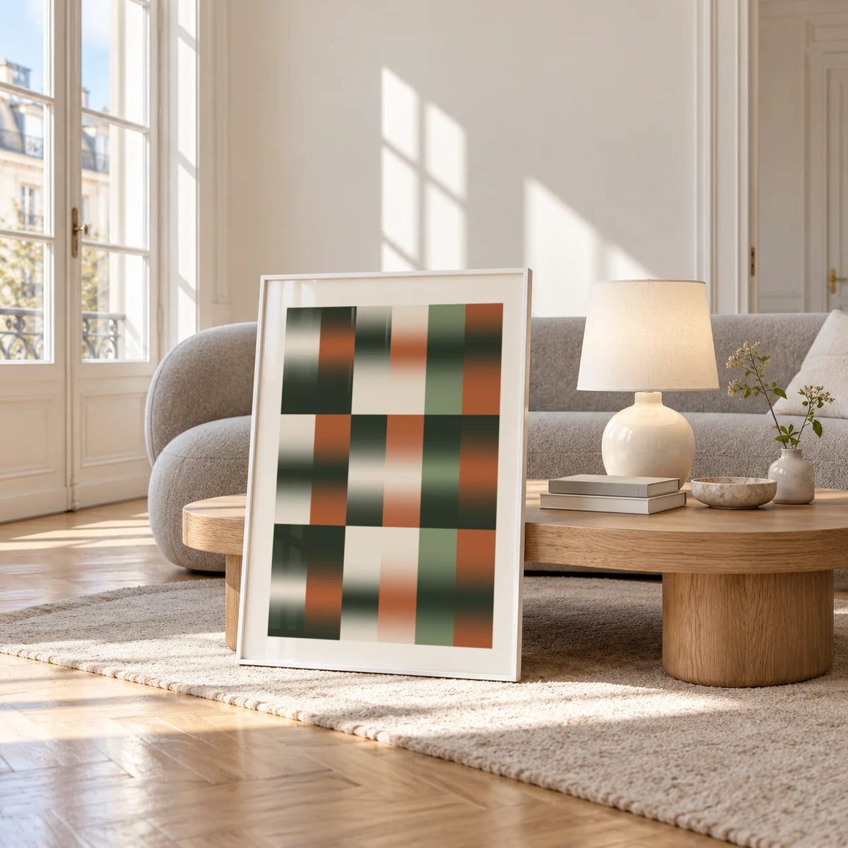 Sage Grid Print, framed and leaning against a coffee table in a bright living room