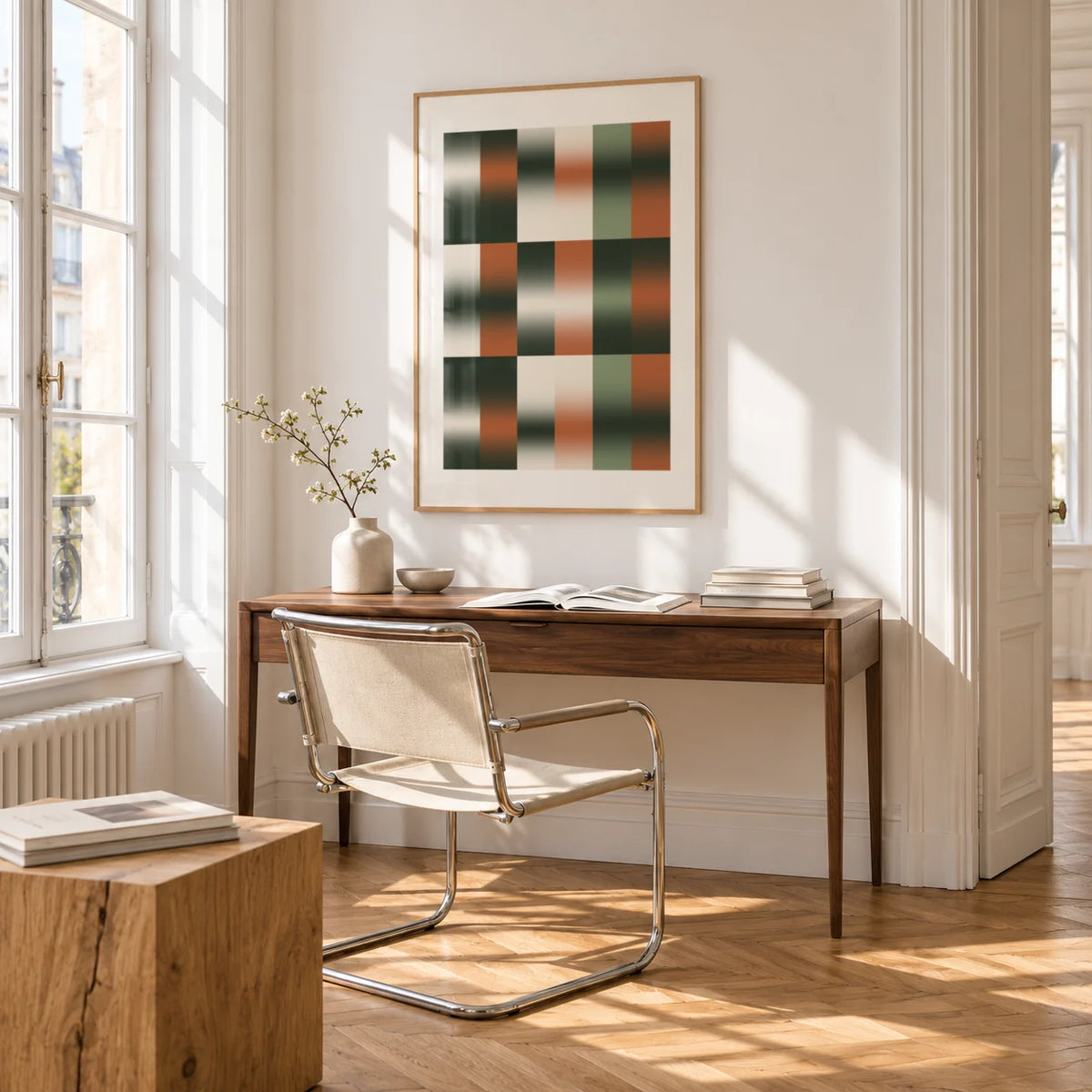 Sage Grid Print, framed on the wall of a bright study corner with a tall white paned window
