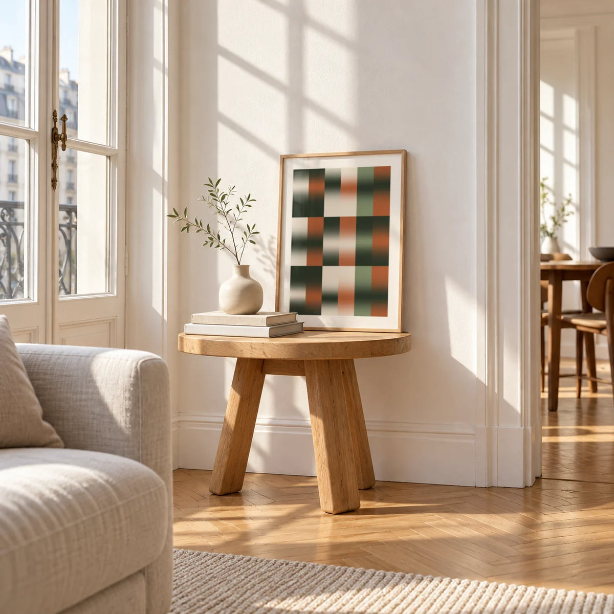 Sage Grid Print, a small A4 framed print leaning on a small solid oak side table