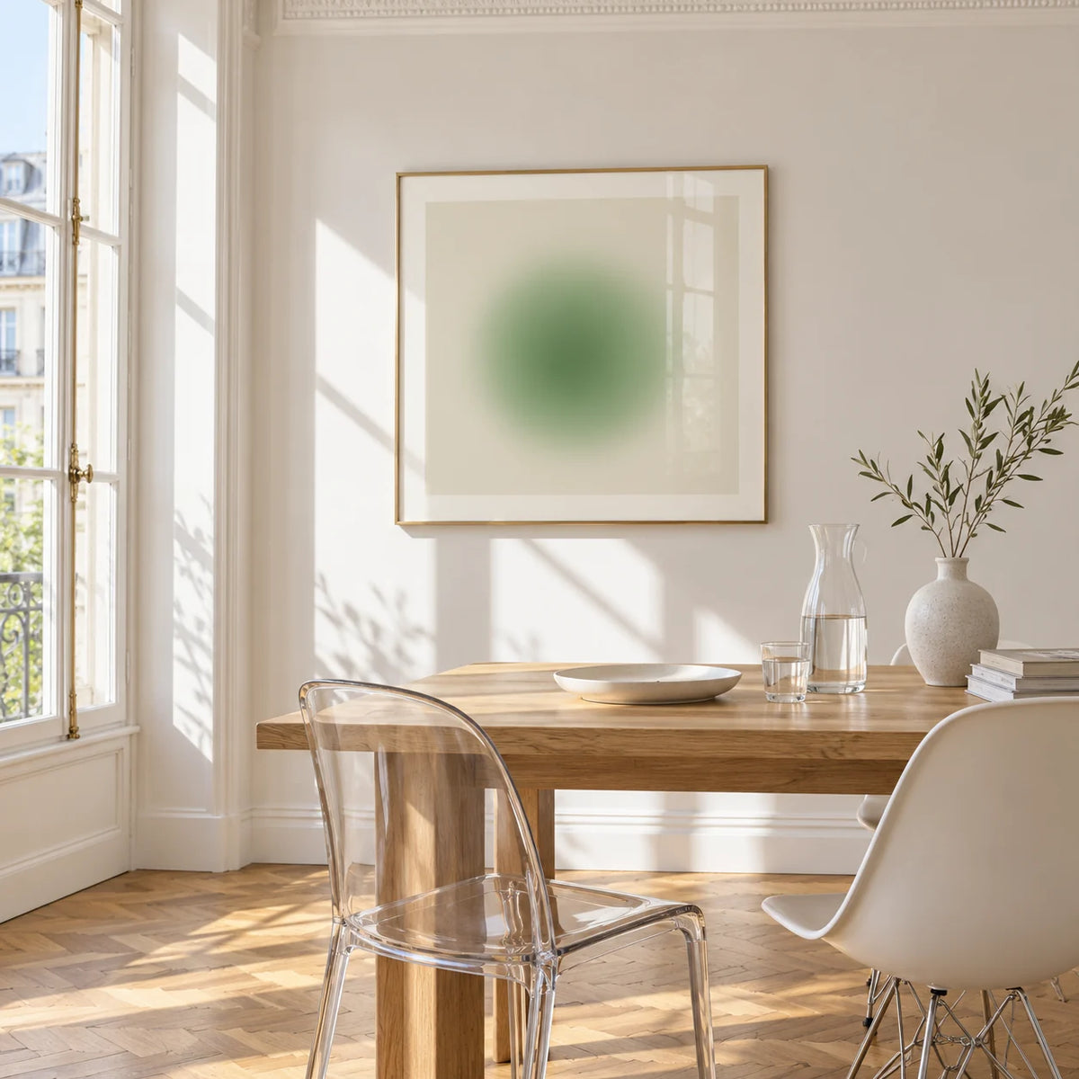 Sage Wall Art, framed on the wall of a bright dining corner