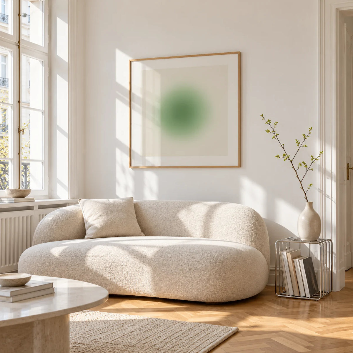 Sage Wall Art, framed on the wall of a bright living room corner