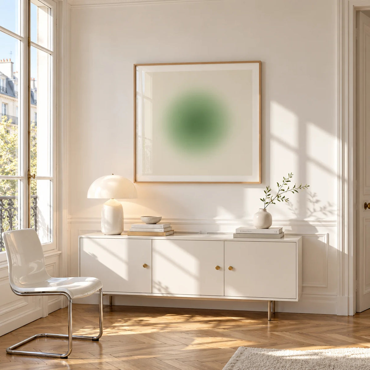Sage Wall Art, framed on the wall of a bright Paris style apartment in a living room