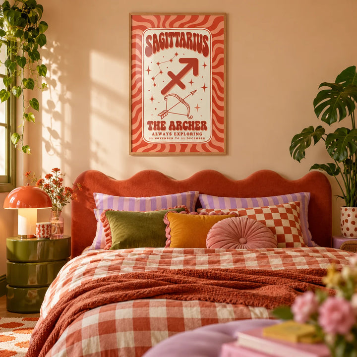 Sagittarius Print, framed on the wall of a colourful dopamine bedroom