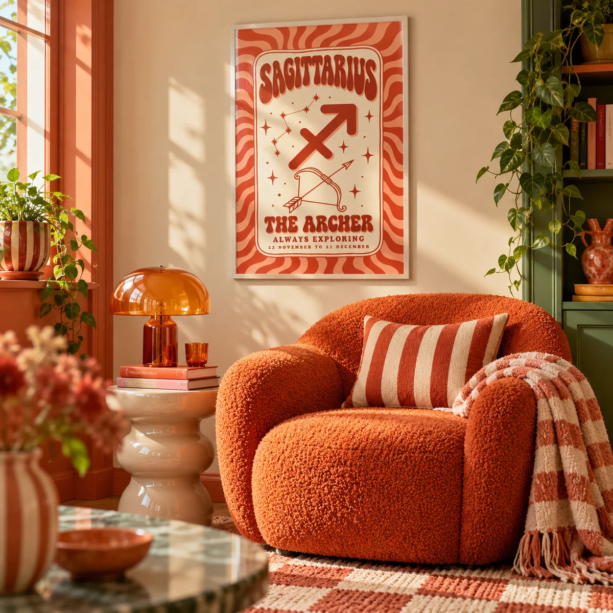 Sagittarius Print, framed on the wall of a cosy colourful reading nook in a living room