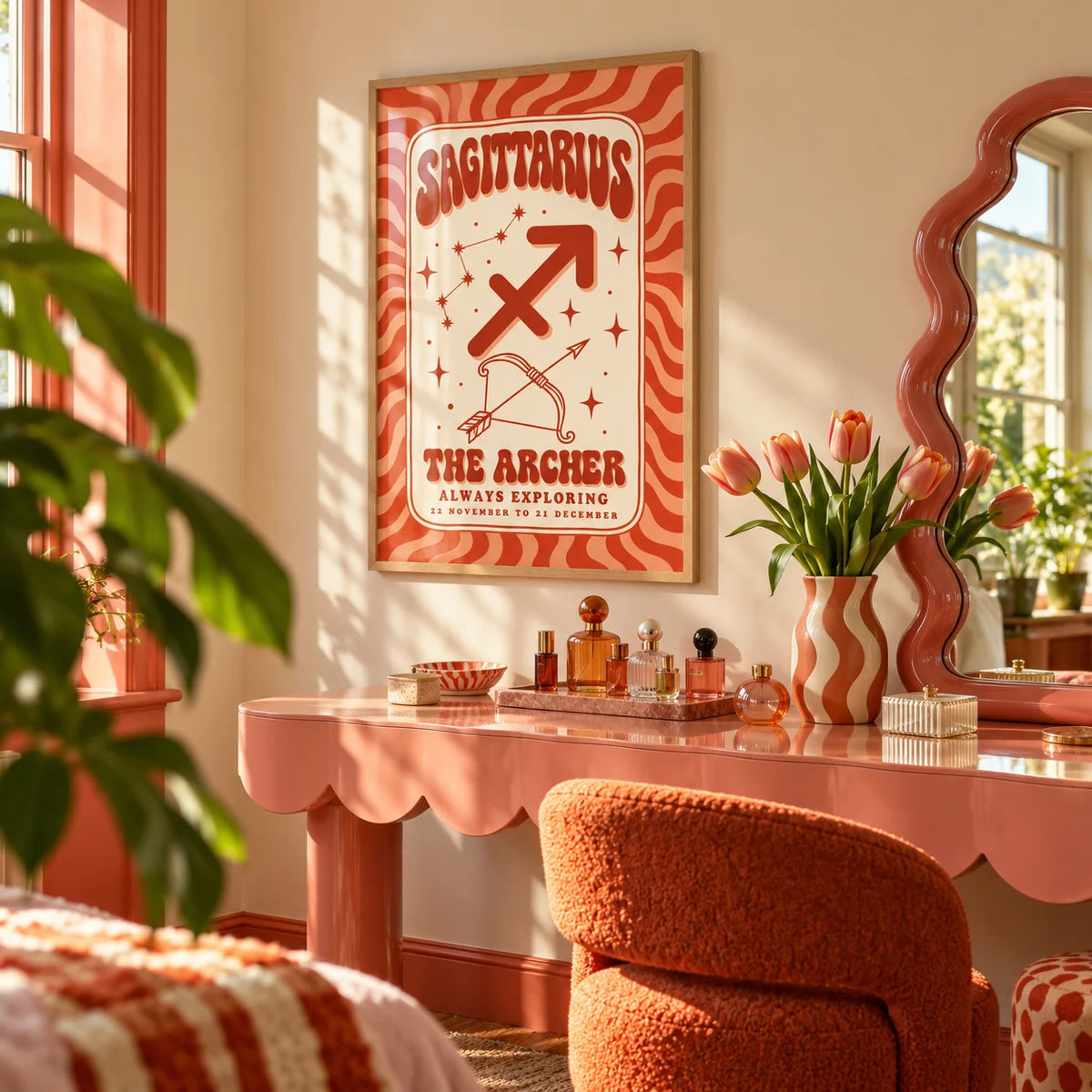 Sagittarius Print, framed on the wall of a playful dressing area in a bathroom