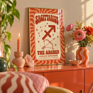 Sagittarius Print, a small A4 framed print leaning on a colourful lacquered shelf in a living room
