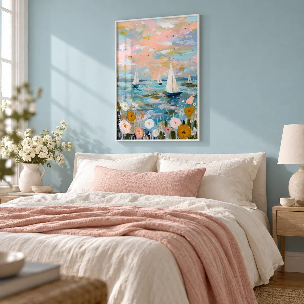 Sailboat Wall Art, framed on the wall of a light coastal bedroom with a soft sea blue painted wall
