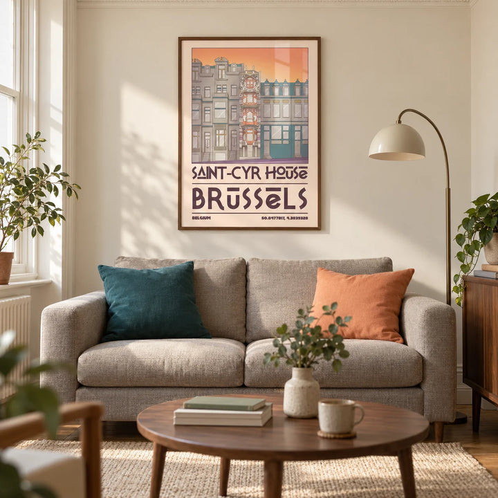 Saint Cyr House Poster, framed on the wall of a characterful living room in a renovated UK Victorian terrace with warm ivory walls