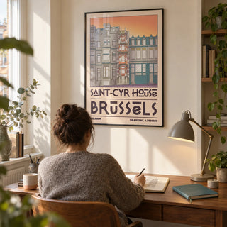 Saint Cyr House Poster, framed on the wall of a quiet home study in a UK terrace with pale cream walls and a shallow alcove