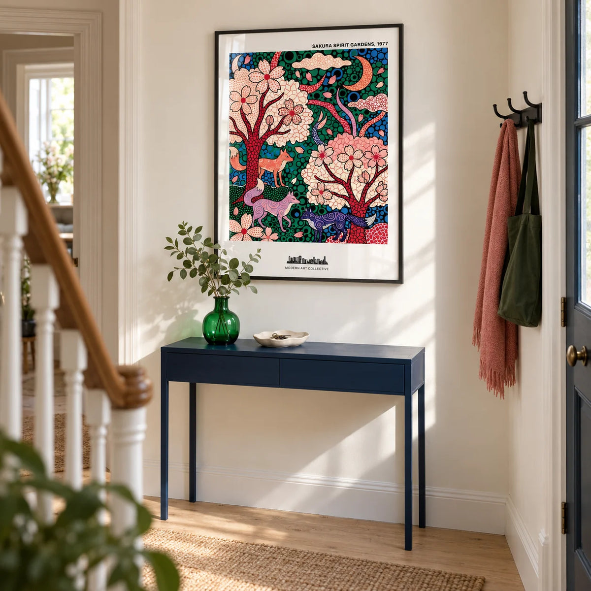 Sakura Spirit Wall Art, framed on the wall of a bright entrance hallway in a renovated UK terrace with warm white walls and pale oak floorboards