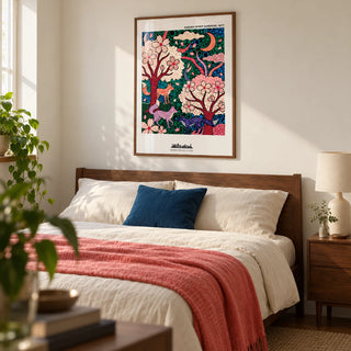 Sakura Spirit Wall Art, framed on the wall of a contemporary bedroom in a young couple's UK home with a warm white wall and walnut furniture