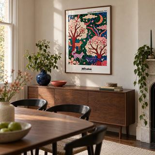Sakura Spirit Wall Art, framed on the wall of a design-led dining room in a Victorian terrace with pale plaster walls and a walnut dining table