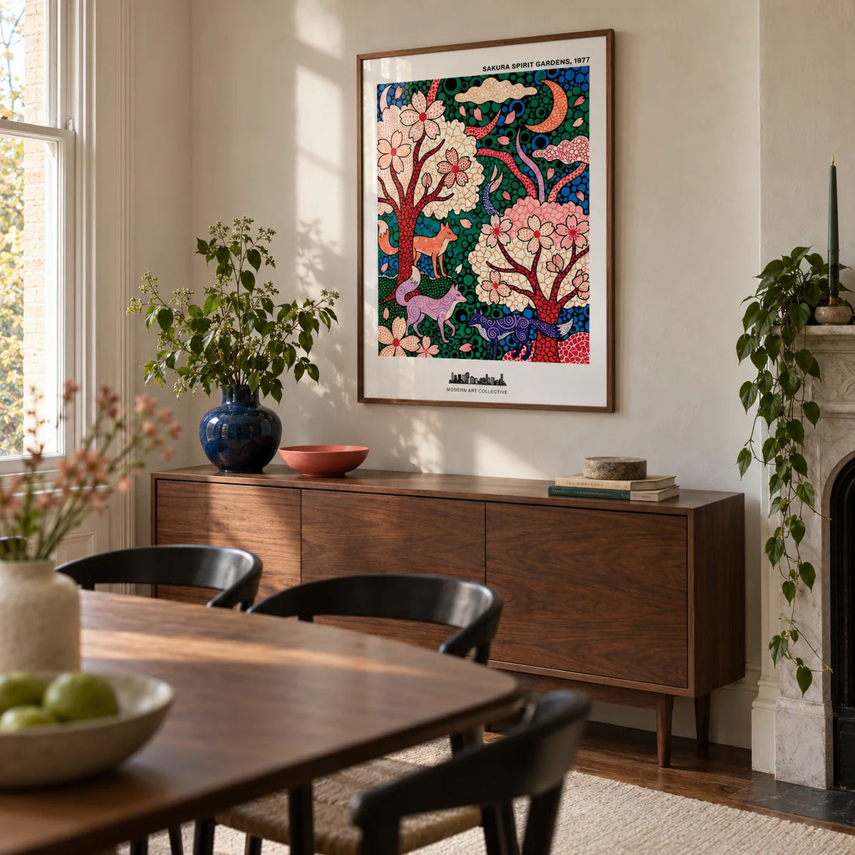 Sakura Spirit Wall Art, framed on the wall of a design-led dining room in a Victorian terrace with pale plaster walls and a walnut dining table