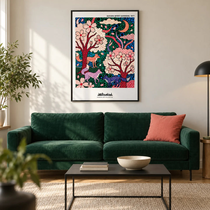 Sakura Spirit Wall Art, framed on the wall of a modern living room in a UK city flat with a warm white wall