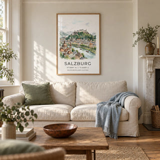 Salzburg City Print, framed on the wall of a calm living room in a UK Victorian terrace with warm white plaster walls and an oak floor