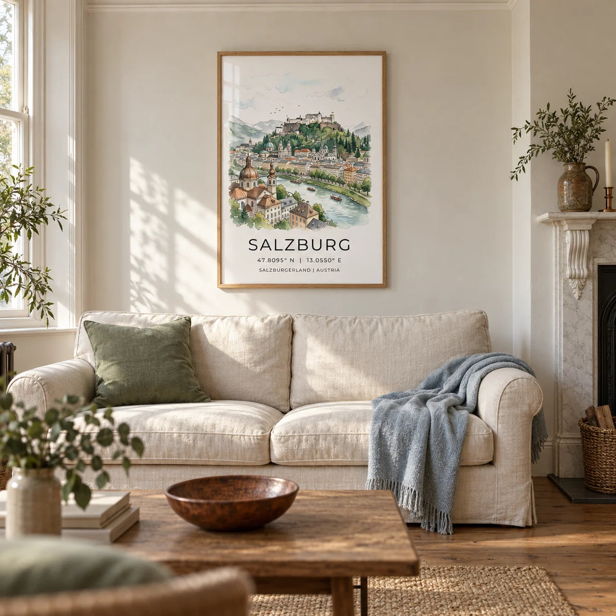 Salzburg City Print, framed on the wall of a calm living room in a UK Victorian terrace with warm white plaster walls and an oak floor