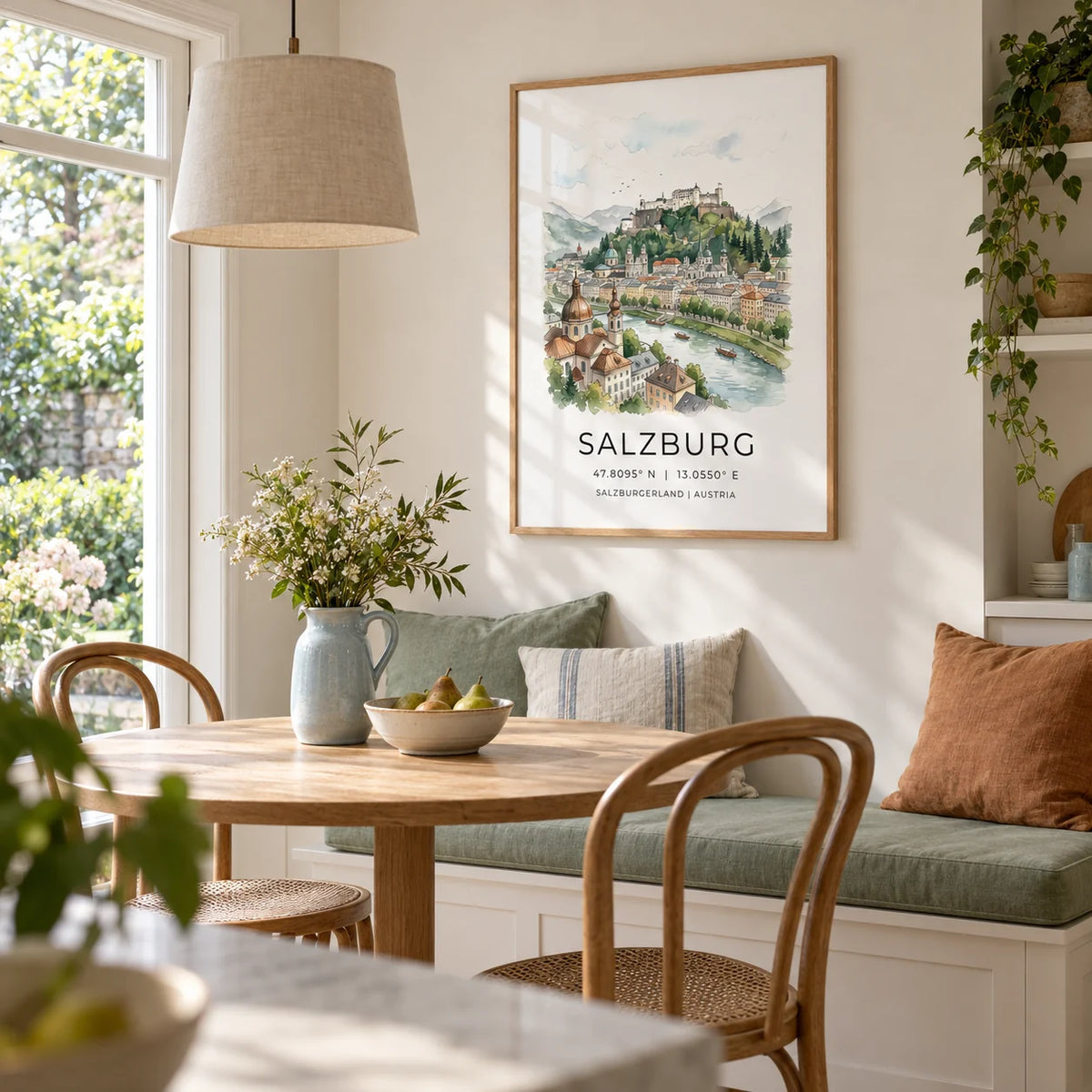 Salzburg City Print, framed on the wall of a light dining alcove in a UK garden flat with warm white walls and a built-in bench
