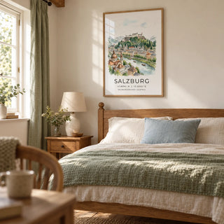 Salzburg City Print, framed on the wall of a peaceful guest bedroom in a UK cottage with warm white walls and exposed oak floorboards
