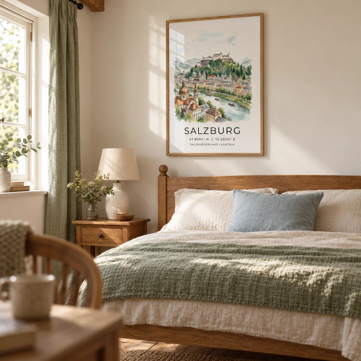 Salzburg City Print, framed on the wall of a peaceful guest bedroom in a UK cottage with warm white walls and exposed oak floorboards