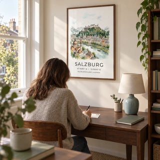 Salzburg City Print, framed on the wall of a quiet home study in a UK terraced house with a cream wall and a tall window