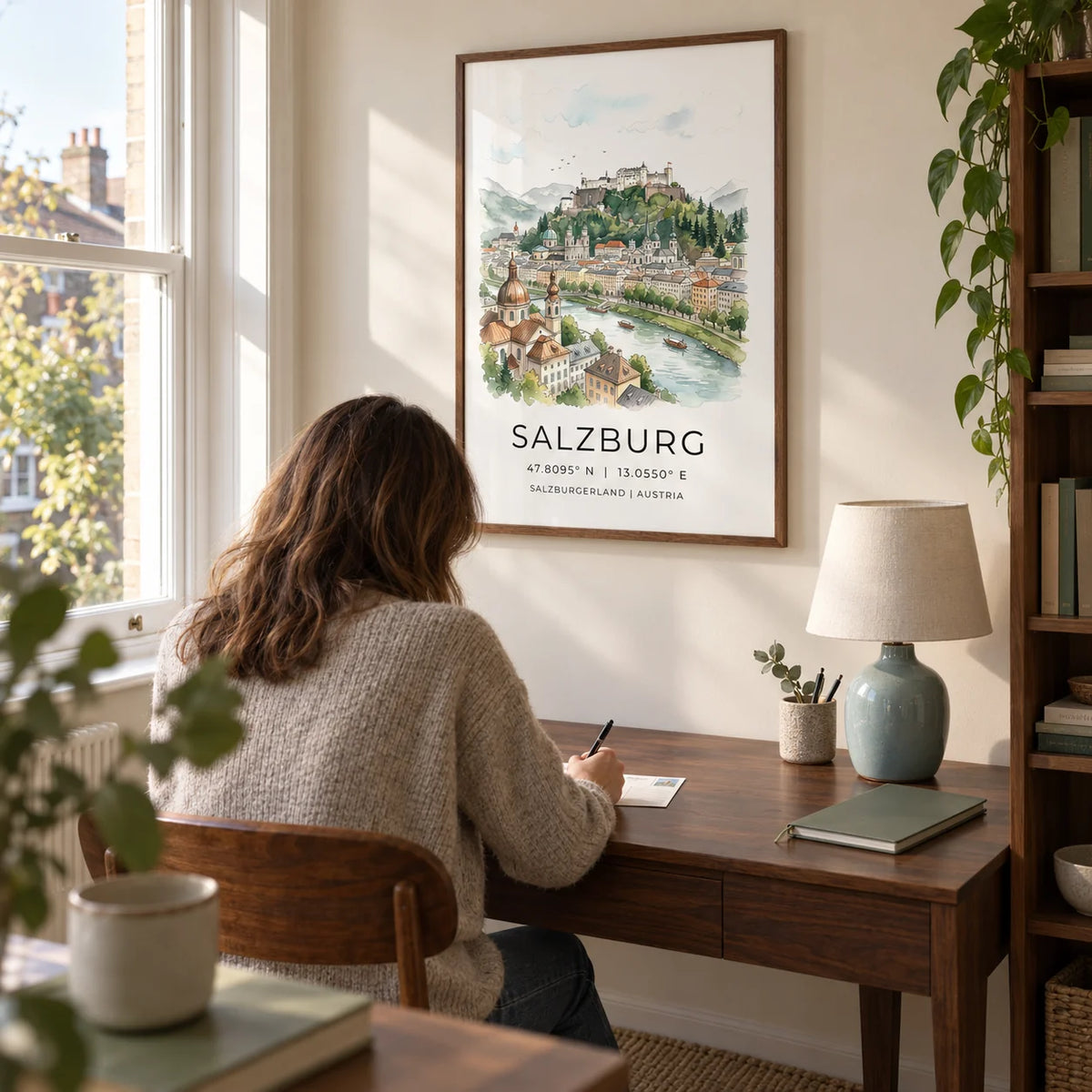 Salzburg City Print, framed on the wall of a quiet home study in a UK terraced house with a cream wall and a tall window