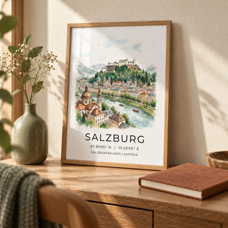 Salzburg City Print, a small A4 framed print leaning on a small oak desk